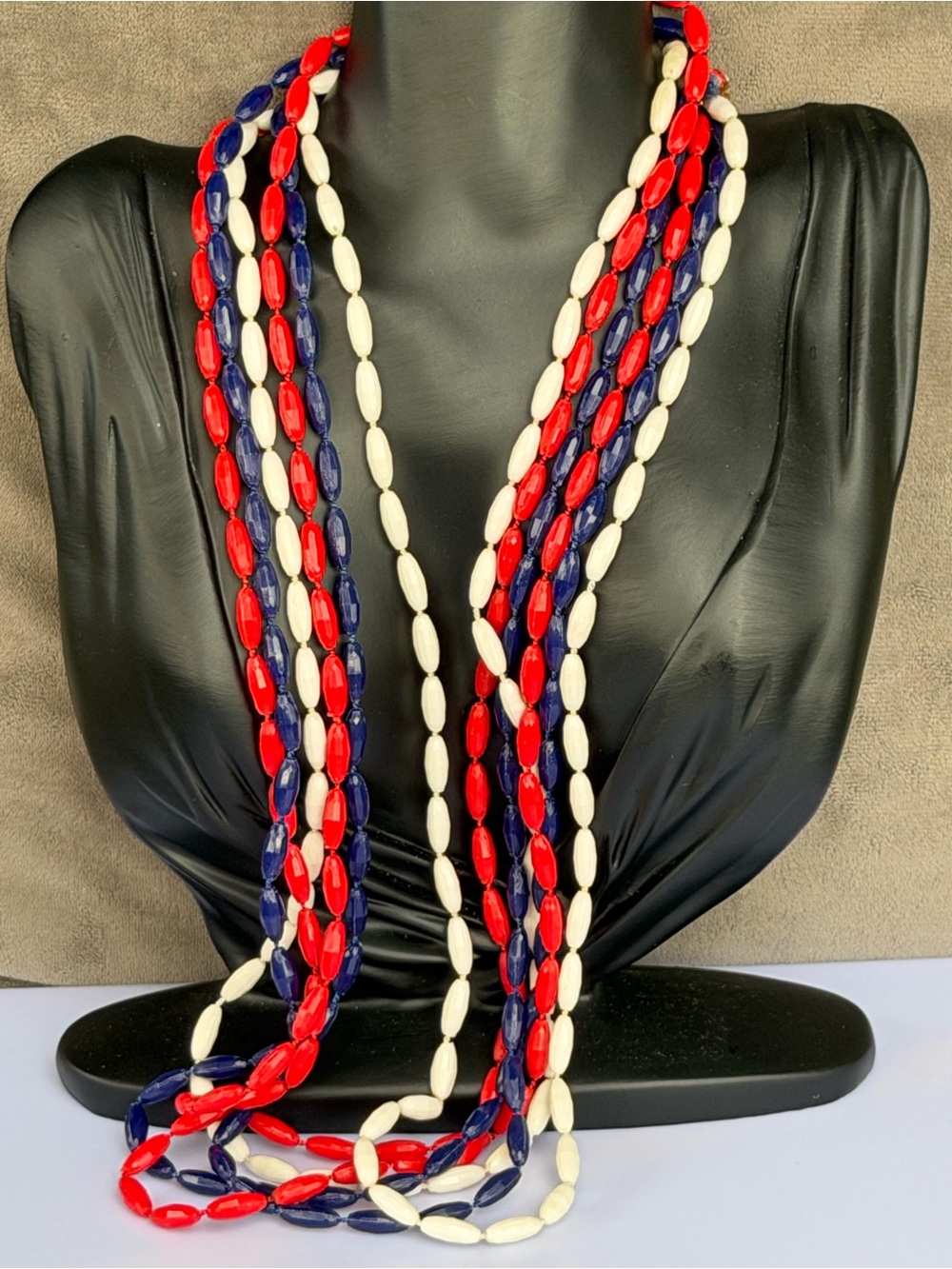 Vintage Hong Kong Red White Blue 3-Strand Beaded Necklace